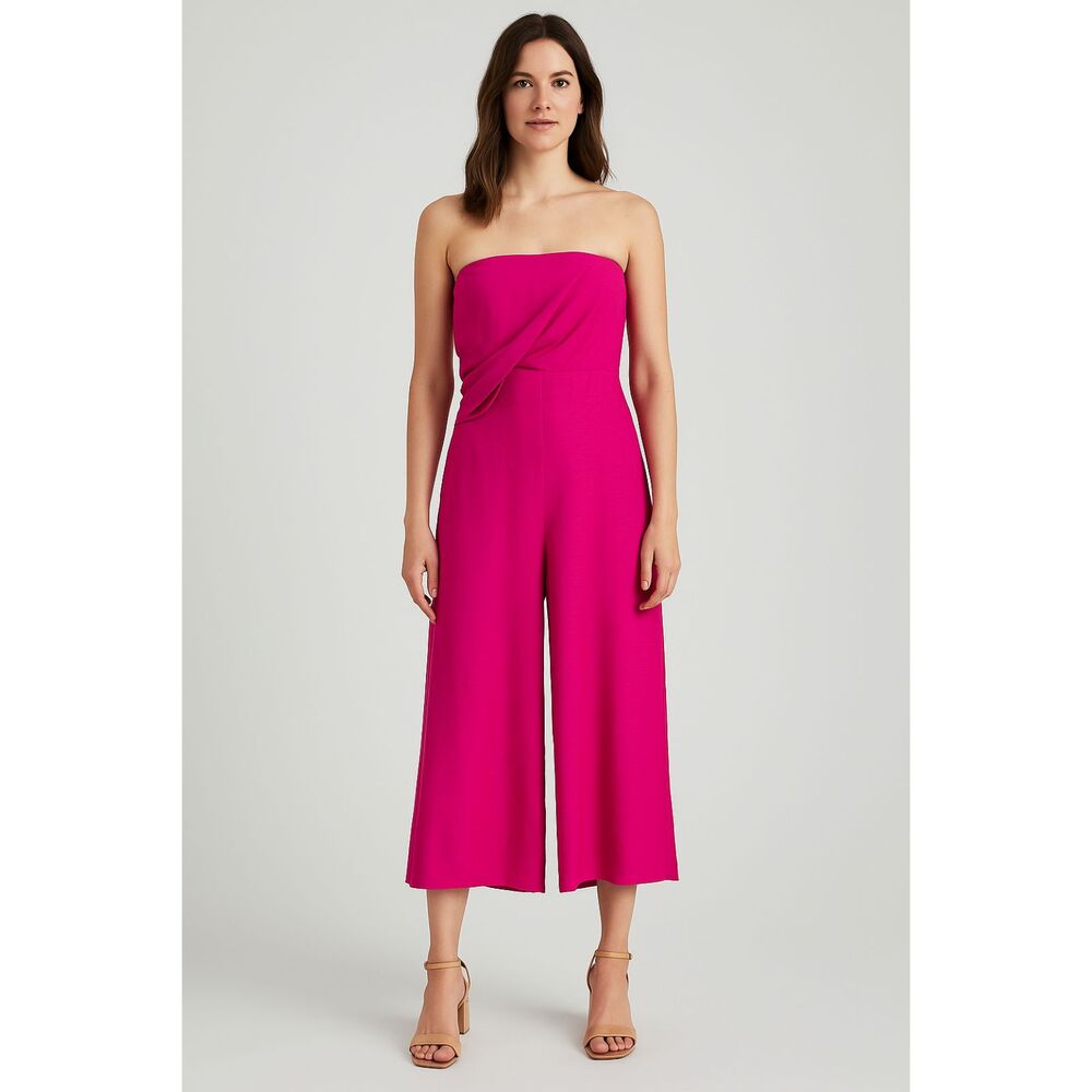 Maeve Anthropologie Strapless Wide Leg Jumpsuit 0P Petite Pink Fuchsia Tie Waist
